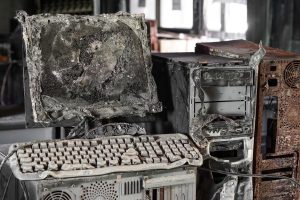Burned computer monitor and keyboard