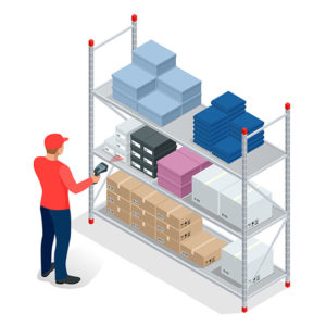 Warehouse manager or warehouse worker with bar code scanner checking goods on storage racks. Stock taking job. Flat 3d vector isometric illustration