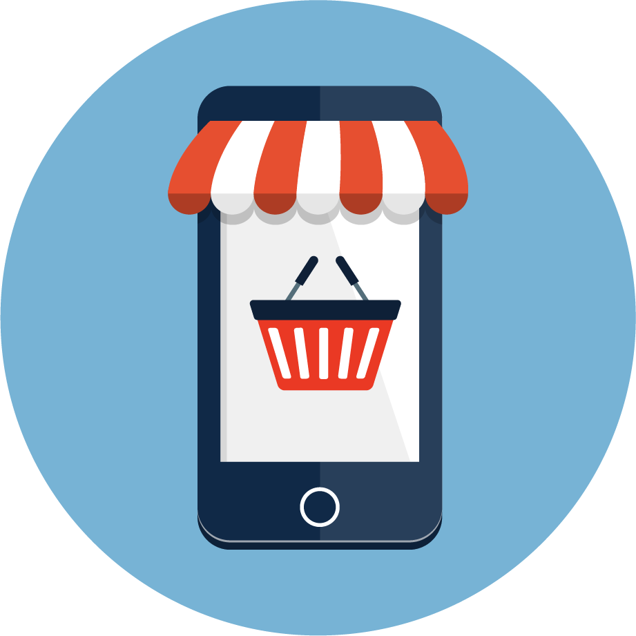Graphic of cell phone with store awning and shopping basket