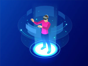 Graphic of man with AR glasses standing in a circle of screens.