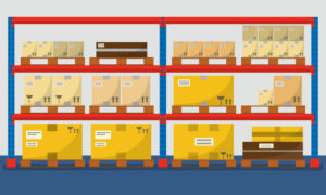 Graphic of items in boxes on a warehouse rack.