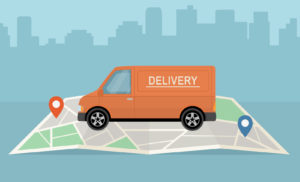 Graphic of a delivery van on a road map.