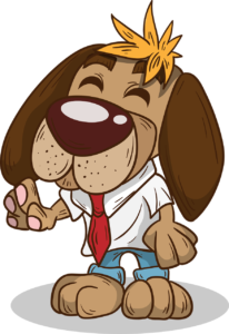 Graphic of an old dog in a shirt and tie.