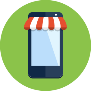 Graphic of a cell phone with a retail store awning
