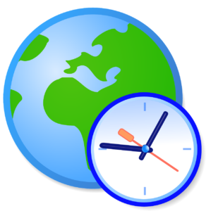Graphic of a world globe and a clock.