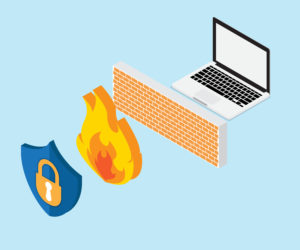 Graphic depiction of a laptop, firewall, flame and a lock.