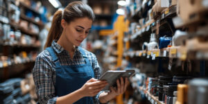 A female hardware store employee checks stock on an electronic tablet in an aisle in the store.