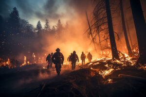 Firefighters walking through the woods during a wildfire