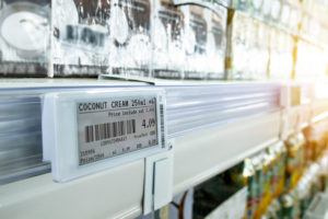 Electronic Shelf Labels on a grocery store shelf
