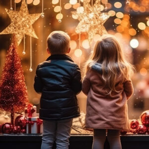 Small children looking through a store window at Christmas