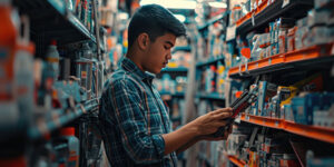 A young man in a hardware warehouse looking at a purchase order on a digital device.