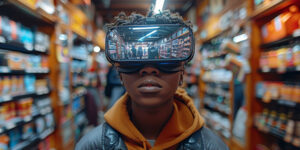 A hardware store customer stands in an aisle with VR goggles on.