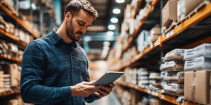 Hardware store employee checking inventory on a tablet inside a warehouse