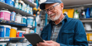 Image of a hardware store owner working on an electronic tablet.