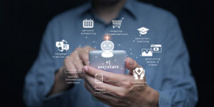 Image of a man holding a cell phone with holographic AI images floating above it.