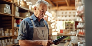 An older hardware store owner working on an electronic tablet in his store.