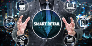 Holographic-style depiction of a magician's hands conjuring an image of Smart Retail and associated icons such as POS, $, and more