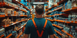 A man with orange suspenders looking down a store aisle filled with hardware.