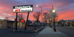 Image of Thatcher's Ace Hardware sign at sunset