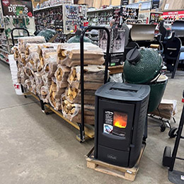 Image of wood stoves in Ollie's Lumber Company showroom