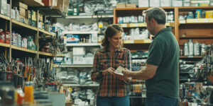 Hardware store owner chatting with a customer