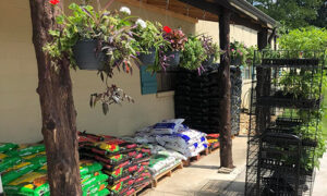 Gardening supplies in an outdoor display at Casto Trading Company in Statham, Georgia