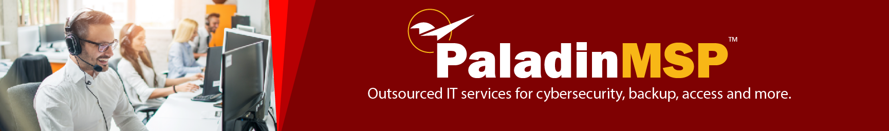 Office support staff working at computers promoting PaladinMSP™ outsourced IT services for cybersecurity, backup, and access