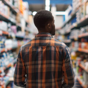 A man standing in a hardware store aisle lined with floor-to-ceiling products.