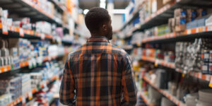 Person at a DIY home improvement store, appearing unsure while selecting materials, aisles and products around the store.