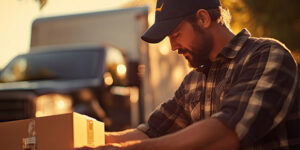 A delivery driver holds a package with his truck in the background.